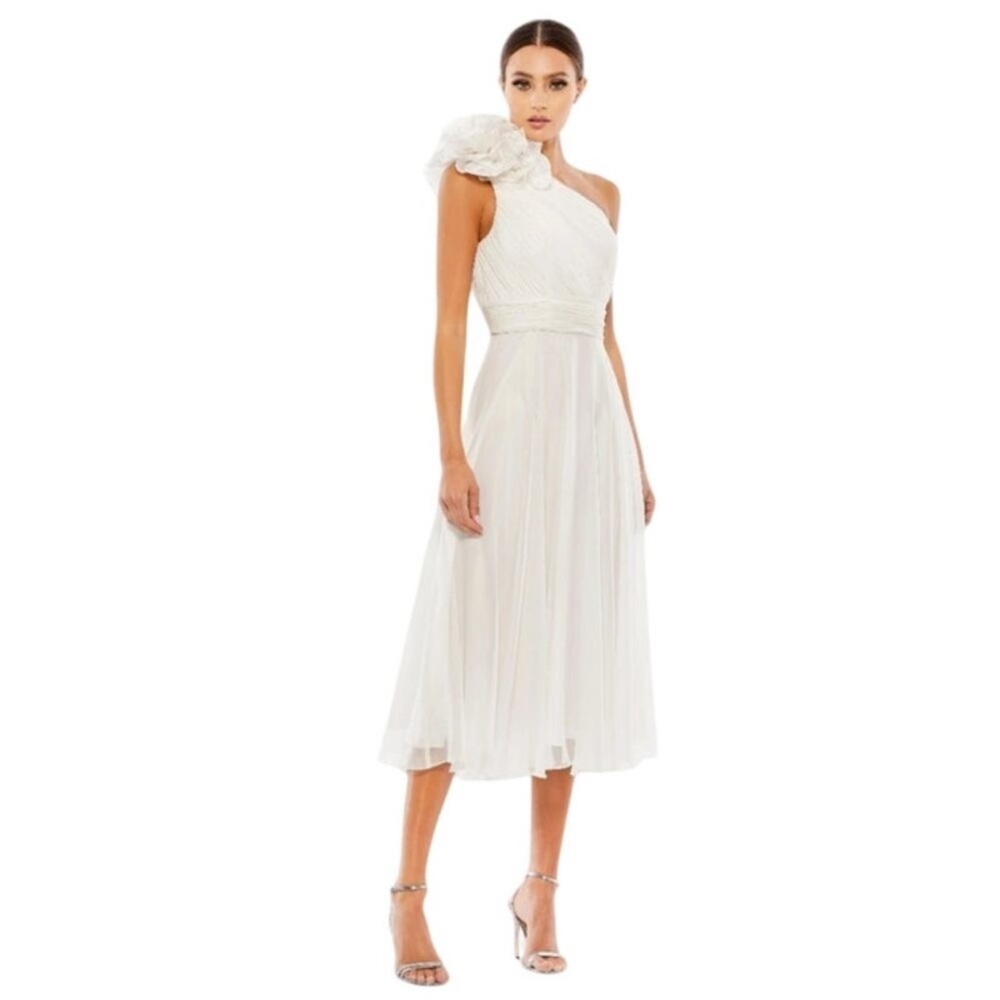 Mac Duggal White One-Shoulder Midi Dress